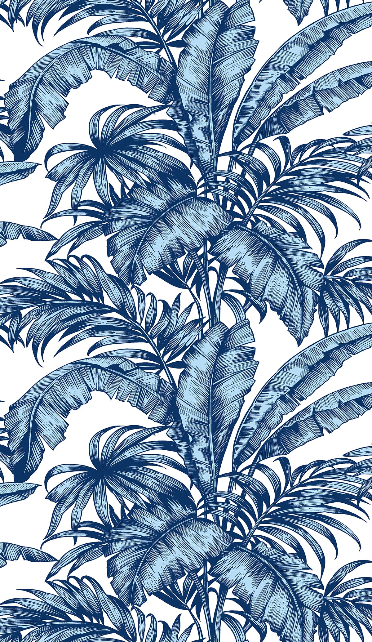 Palm Jungle peel and stick wallpaper in marine blue with illustrated tropical palm leaves on a white ground.