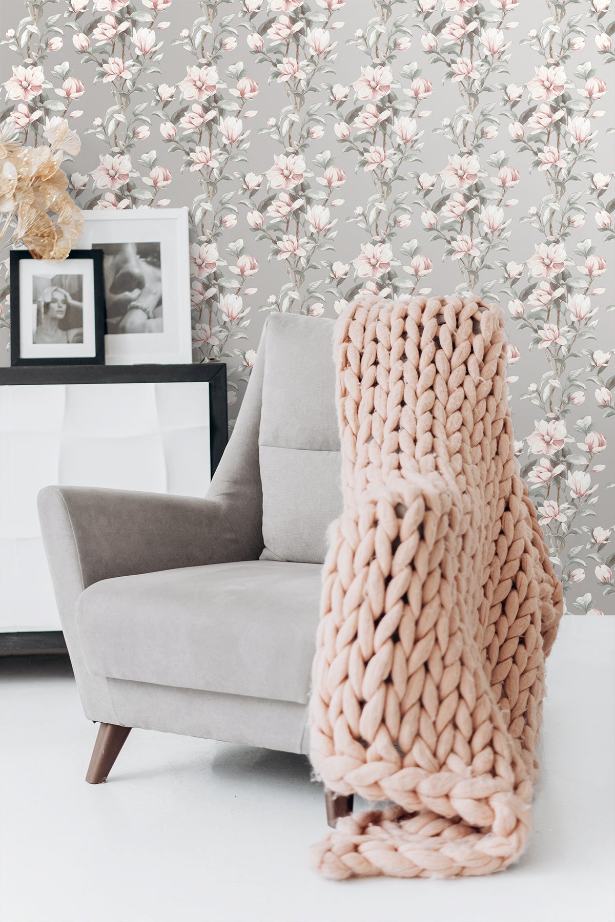 Magnolia Trail Metallic Silver & Petal Pink by NextWall Peel & Stick Floral Peel & Stick Wallpaper – NextWall NW41401
