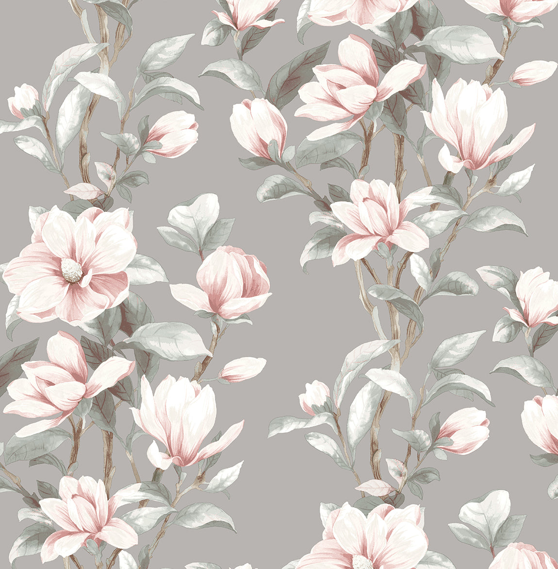 Magnolia Trail peel and stick wallpaper with metallic silver background and soft petal pink magnolia blossoms