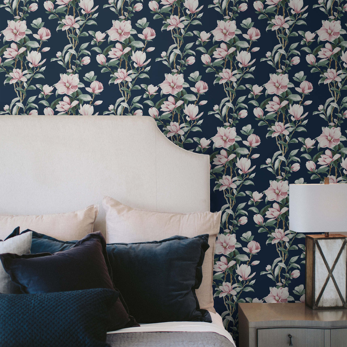 Magnolia Trail Navy & Blush by NextWall Peel & Stick Magnolia Floral Wallpaper – NextWall NW41402