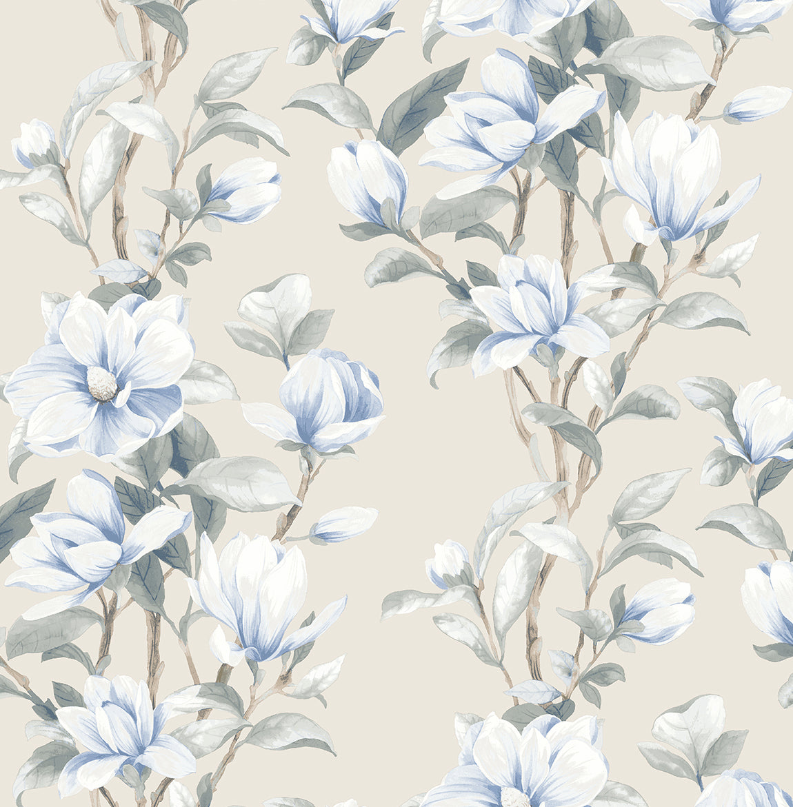 Magnolia Trail peel and stick wallpaper pattern with blue and white magnolia blooms on a linen background