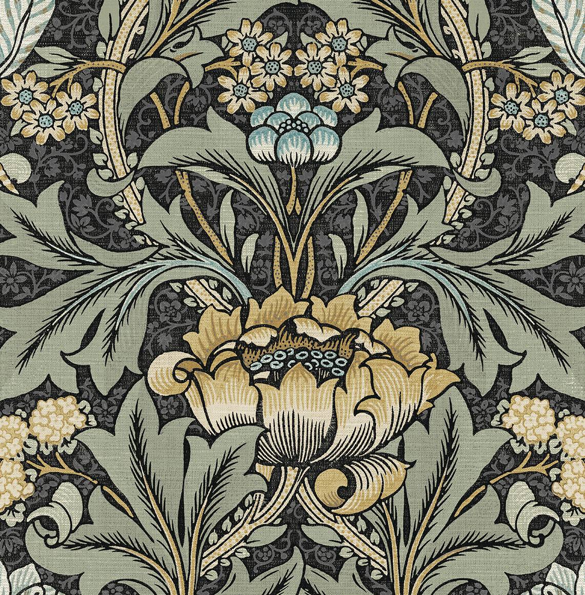 Acanthus Floral Charcoal & Goldenrod by NextWall Peel & Stick Floral Peel & Stick Wallpaper – NextWall NW41510 -Sample
