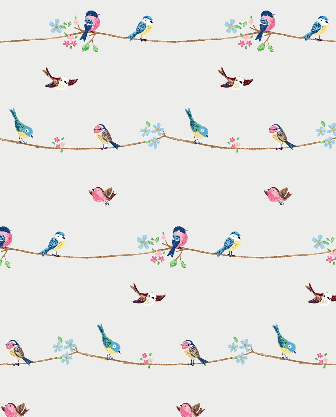 Sweet Tweet peel and stick wallpaper with colorful birds on branches on a white background