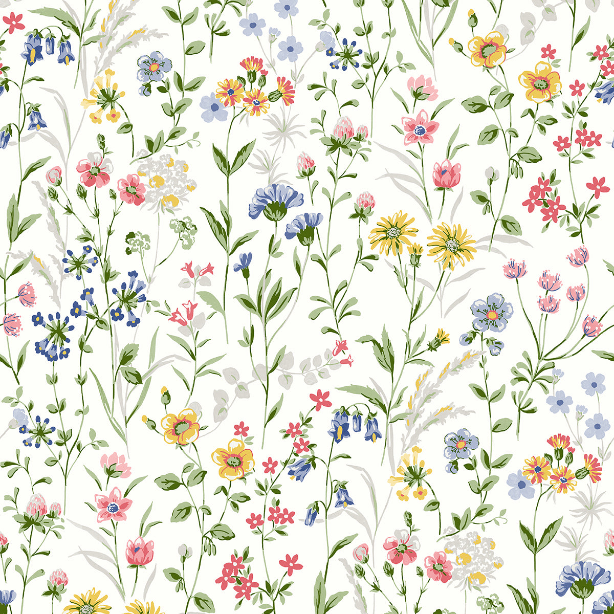 Wildflowers peel and stick wallpaper with multicolor wildflower sprigs on a soft white background