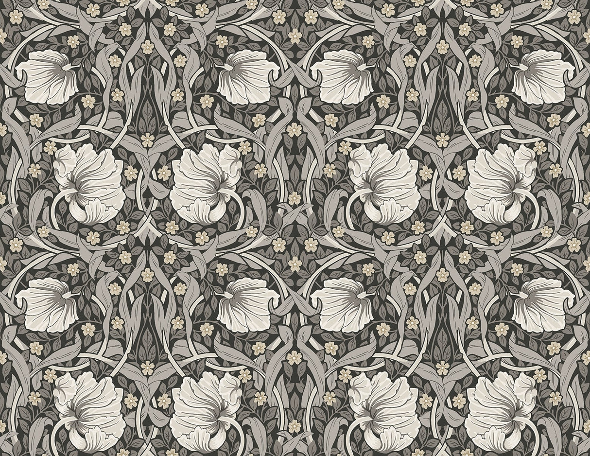 Pimpernel Floral peel and stick wallpaper in charcoal and pearl grey with a vintage floral vine pattern