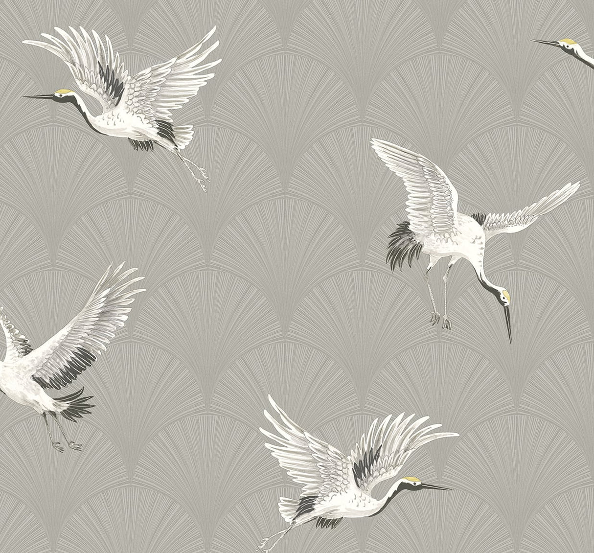 Cranes peel and stick wallpaper in Argos Grey with flying white cranes over a grey Art Deco fan pattern.