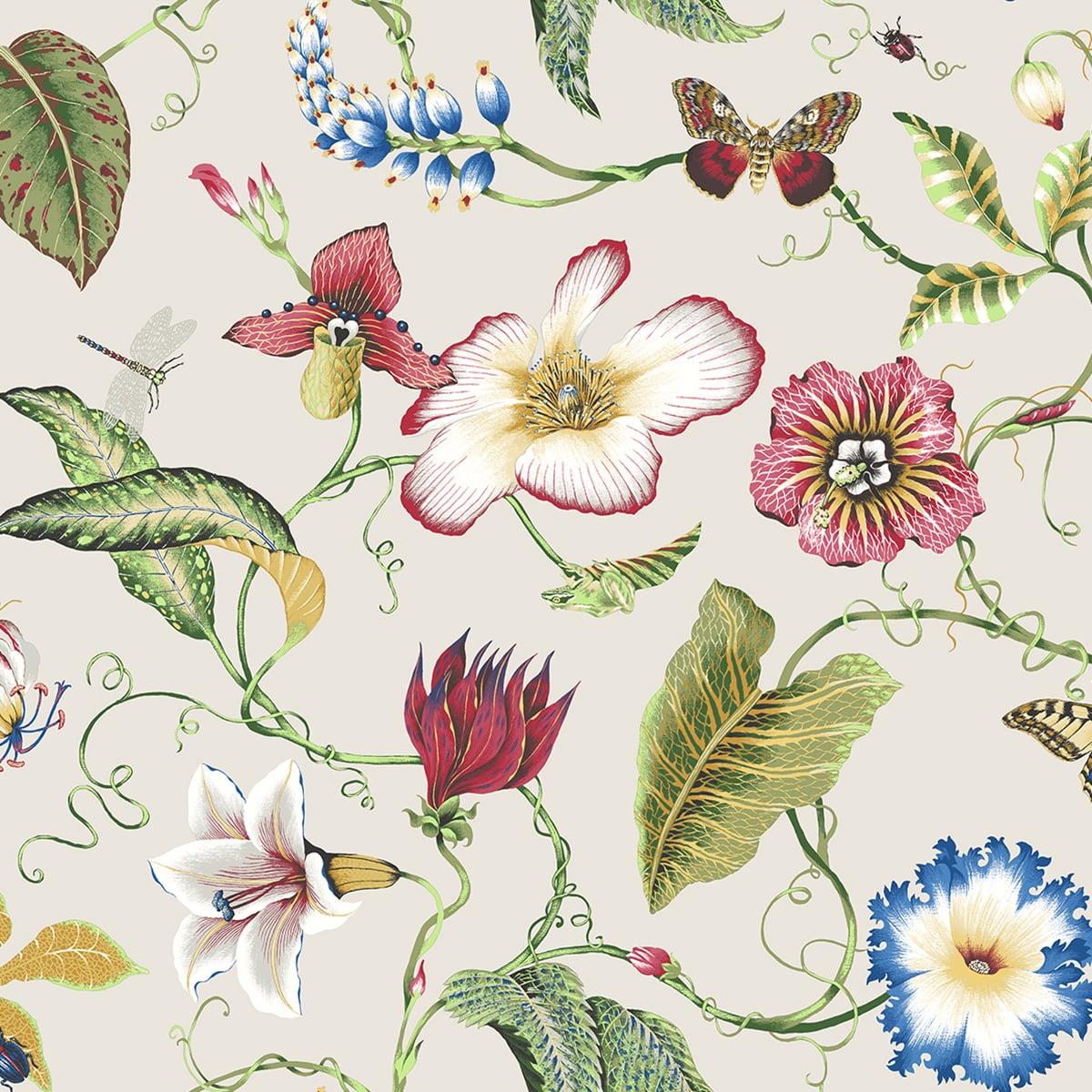 Summer Garden Floral peel and stick wallpaper with whimsical botanical vines, flowers, and butterflies in raspberry and chartreuse tones.