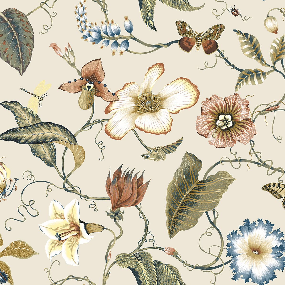 Summer Garden Floral peel and stick wallpaper in Alabaster with trailing botanicals and blooms