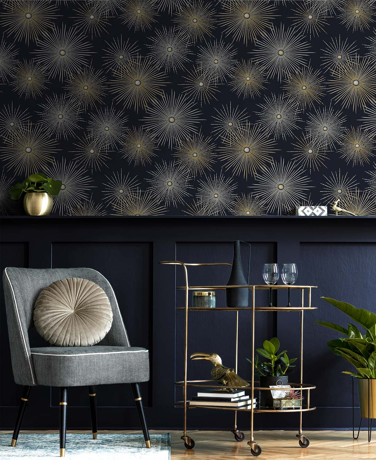 Starburst Geo Midnight & Gold by NextWall Peel & Stick Satin Vinyl Starburst Geometric Wallpaper – NextWall NW43102