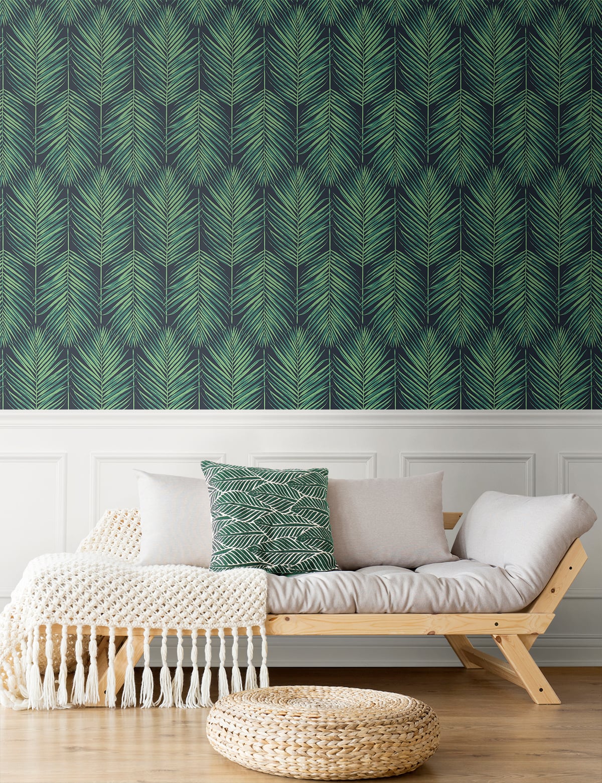 Tropic Palm Midnight Blue & Sea Green by NextWall Peel & Stick Tropical Palm Frond Wallpaper – NextWall NW43204