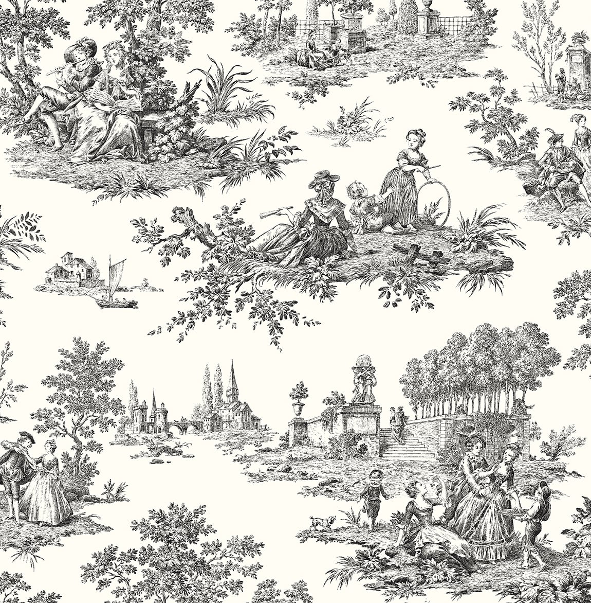 Black and off-white chateau toile scenic peel and stick wallpaper with pastoral figures and landscapes