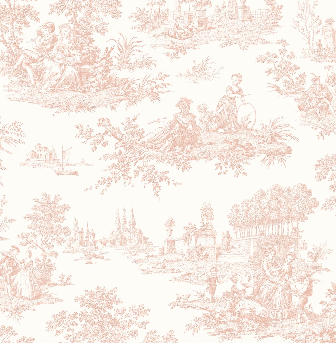 Blush pink traditional toile peel and stick wallpaper pattern with pastoral scenes