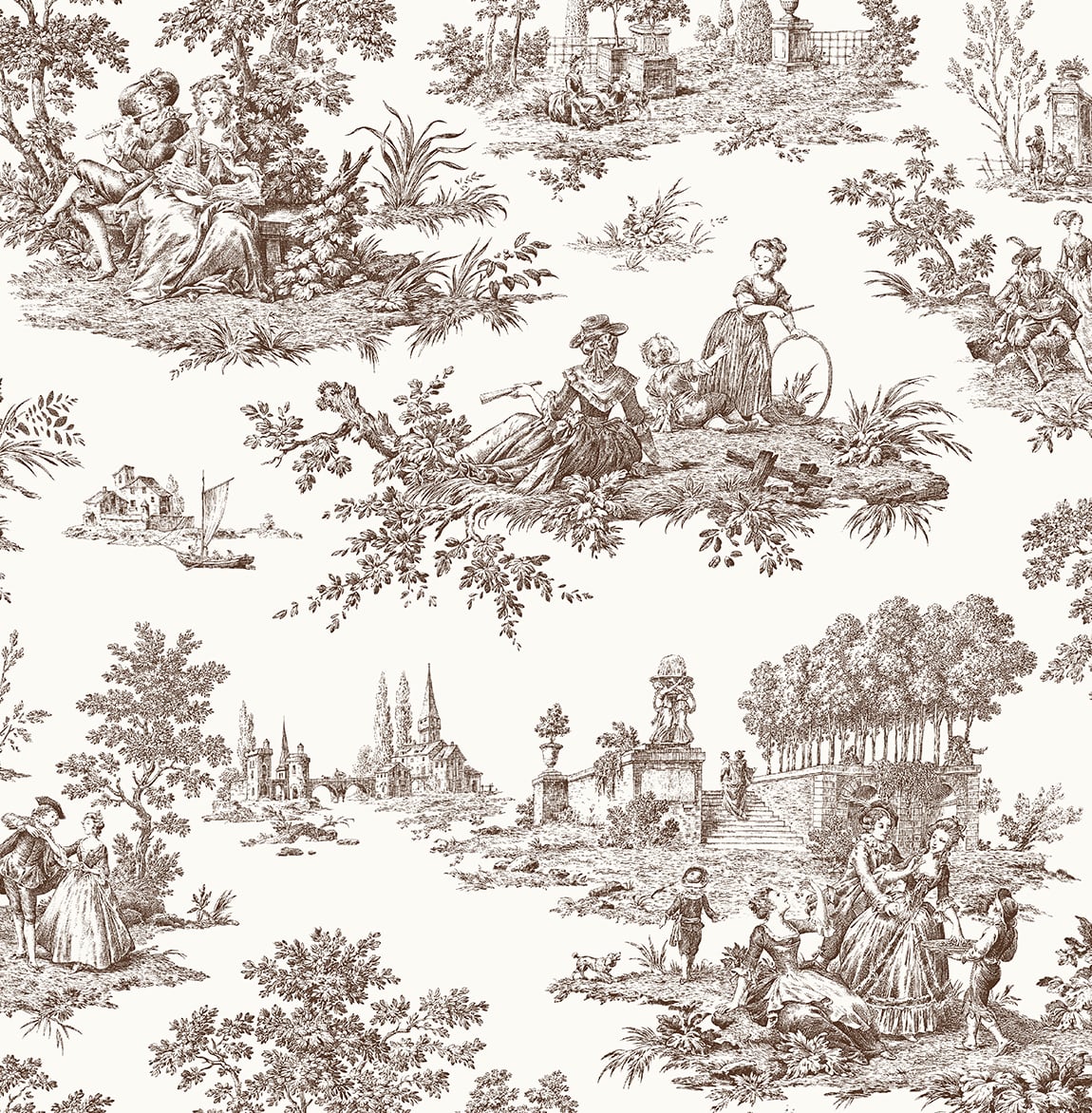 Chateau Toile wallpaper in Sable Brown featuring a classic pastoral toile scene
