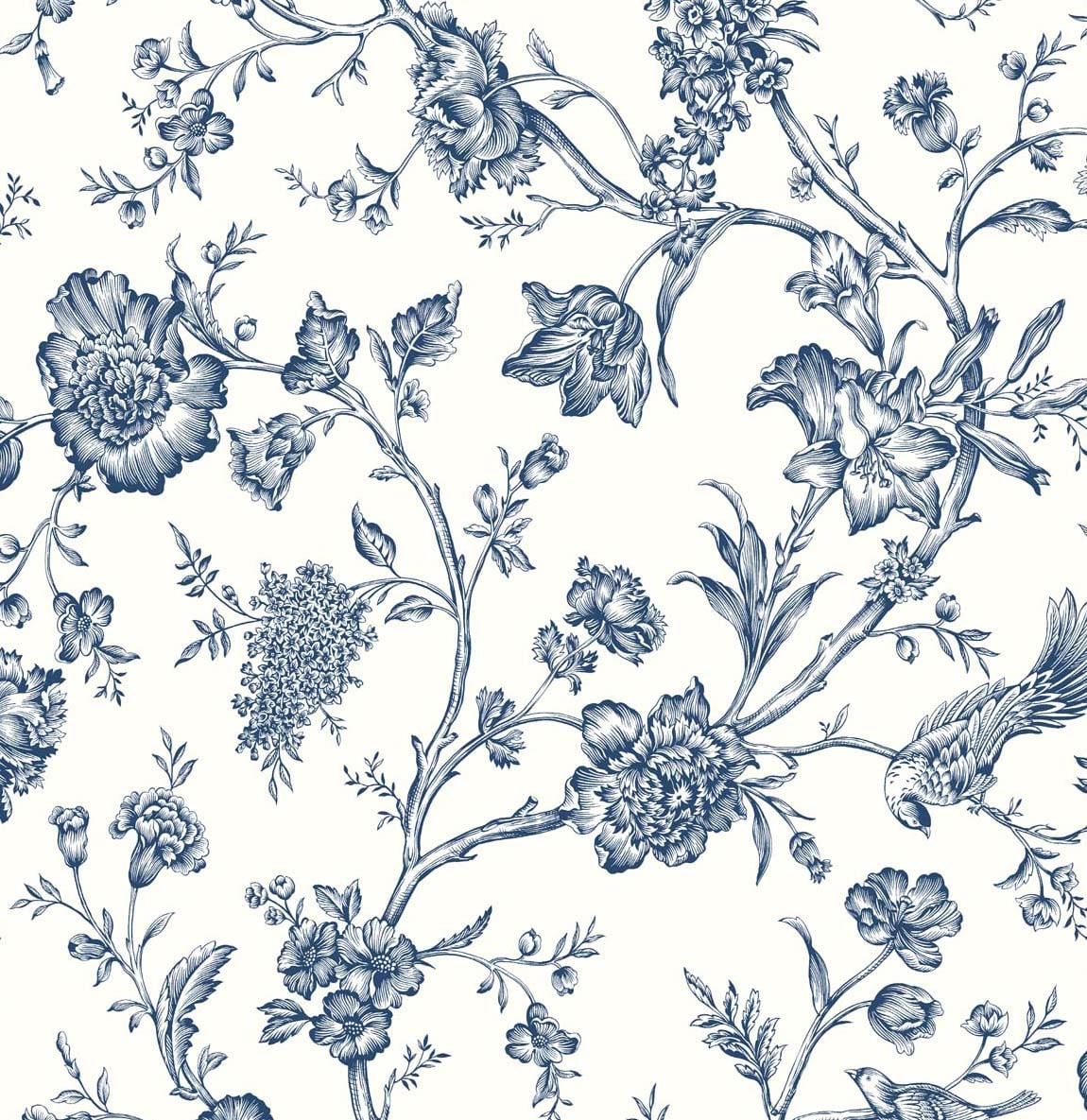 Jasmine Chinoiserie peel and stick wallpaper in navy blue floral chinoiserie pattern