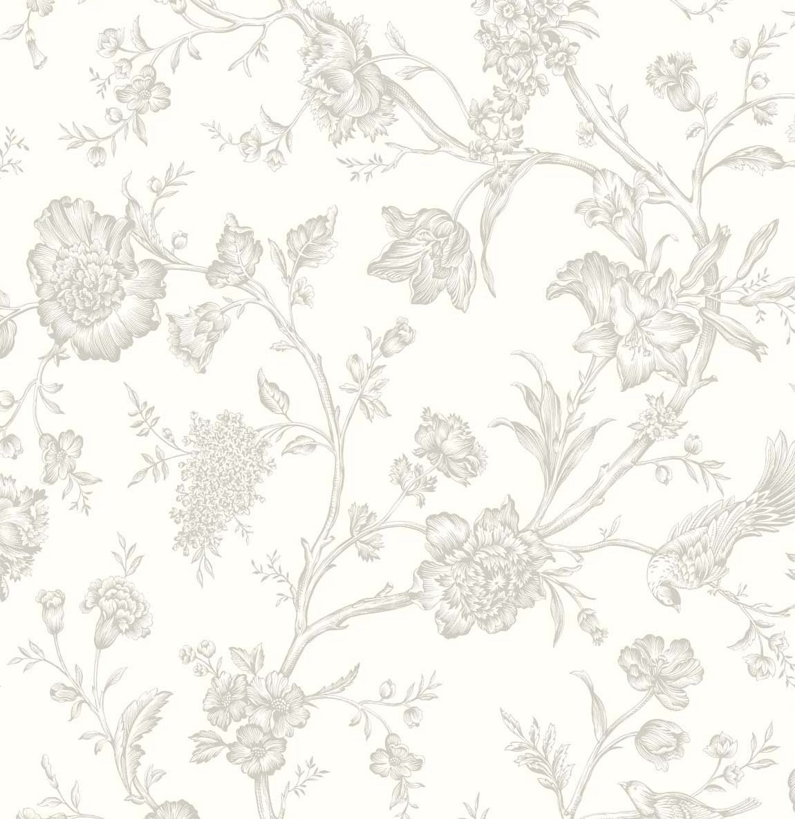 Jasmine Chinoiserie peel and stick wallpaper in Harbor Mist with delicate floral branches and birds