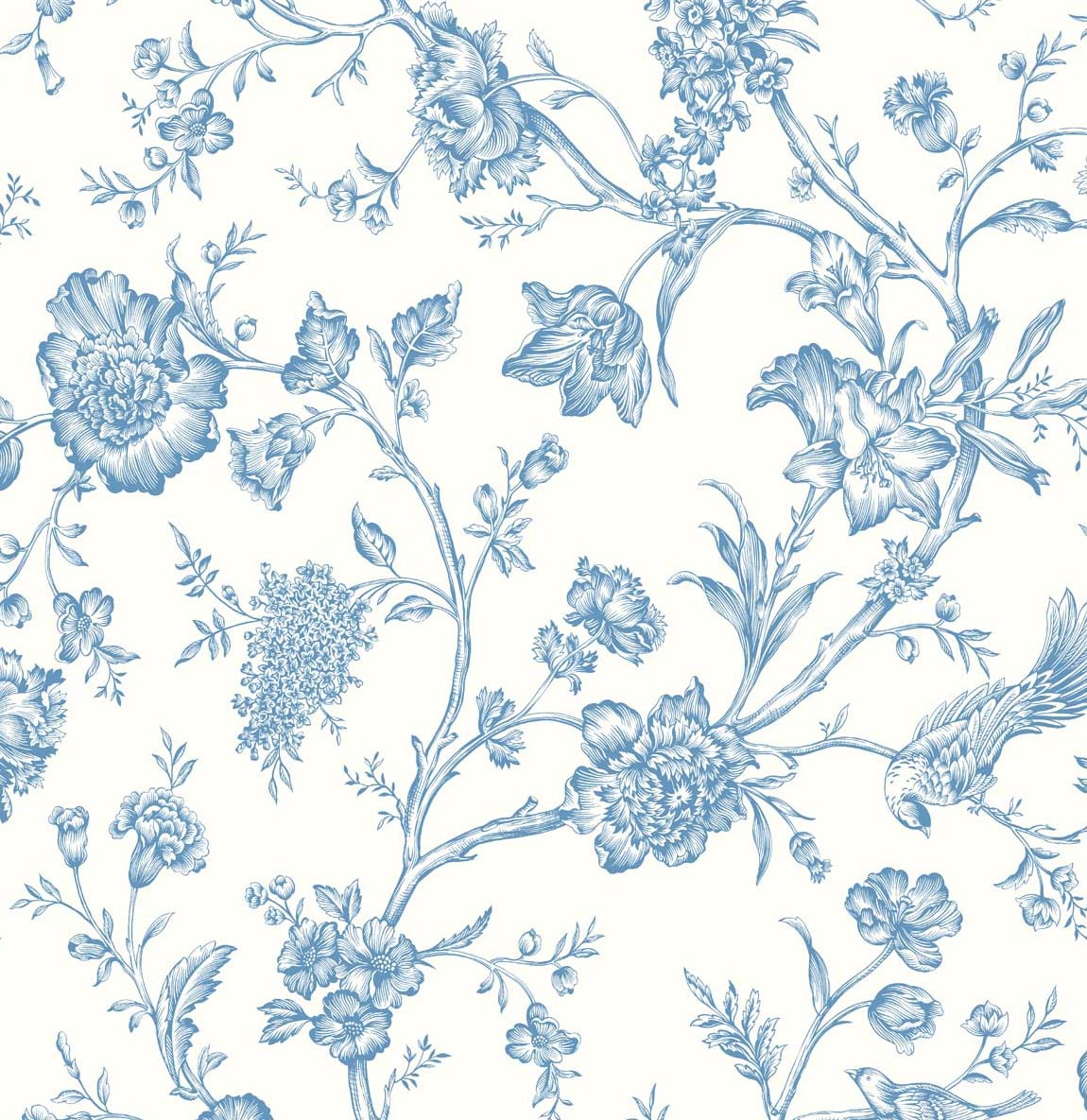 Carolina blue chinoiserie floral and bird peel and stick wallpaper pattern on off-white ground