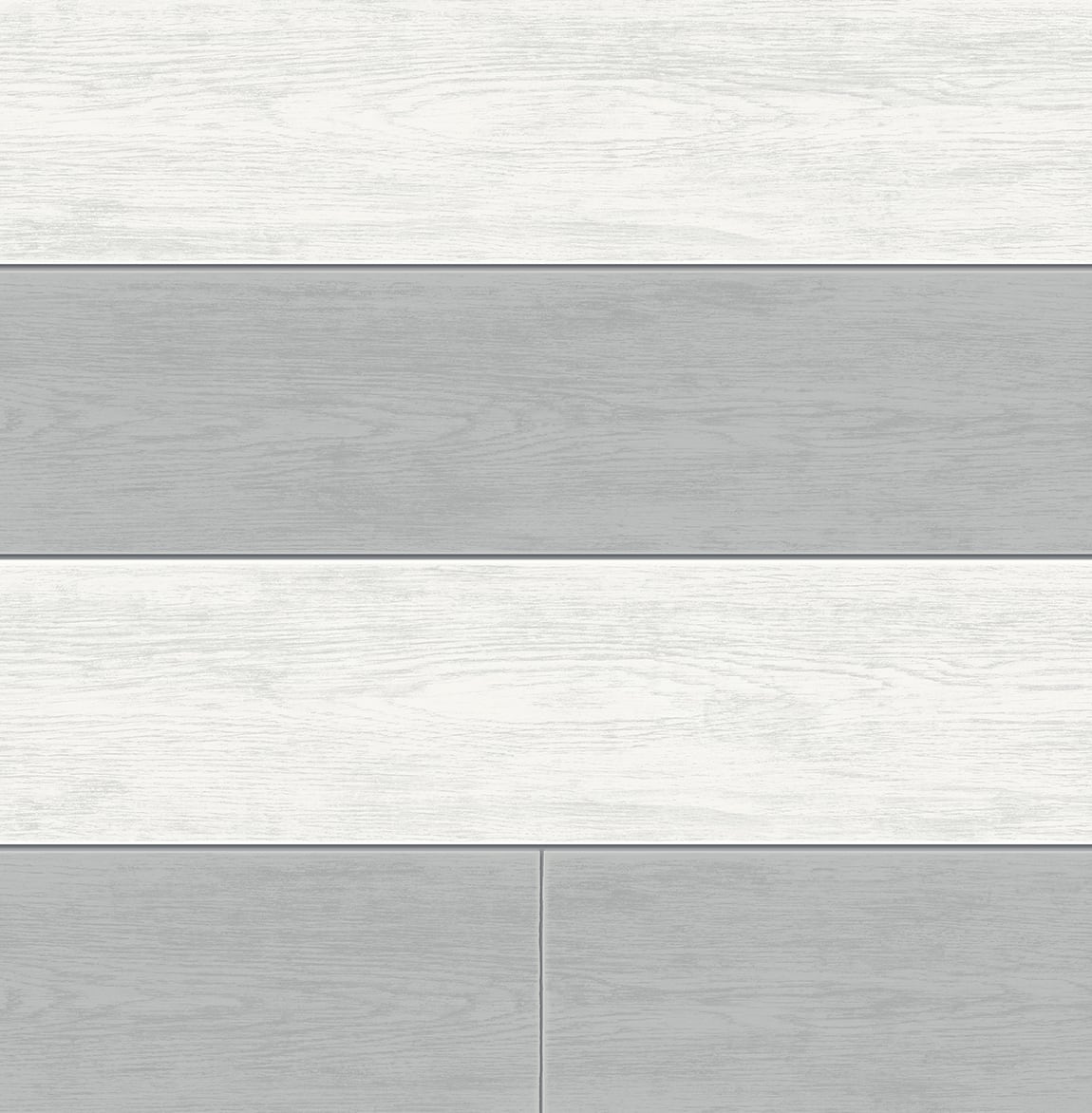 Two-toned shiplap peel and stick wallpaper in grey and white horizontal planks