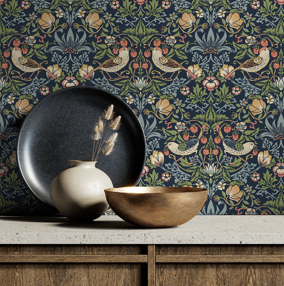 Aves Garden Midnight Blue by NextWall Peel & Stick Vintage Botanical Peel & Stick Wallpaper – NextWall NW43702