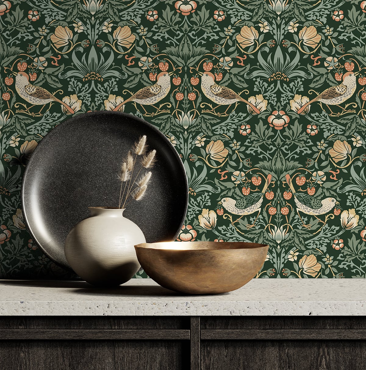 Aves Garden Forest Green by NextWall Vintage Botanical Bird Peel & Stick Wallpaper – NextWall NW43704