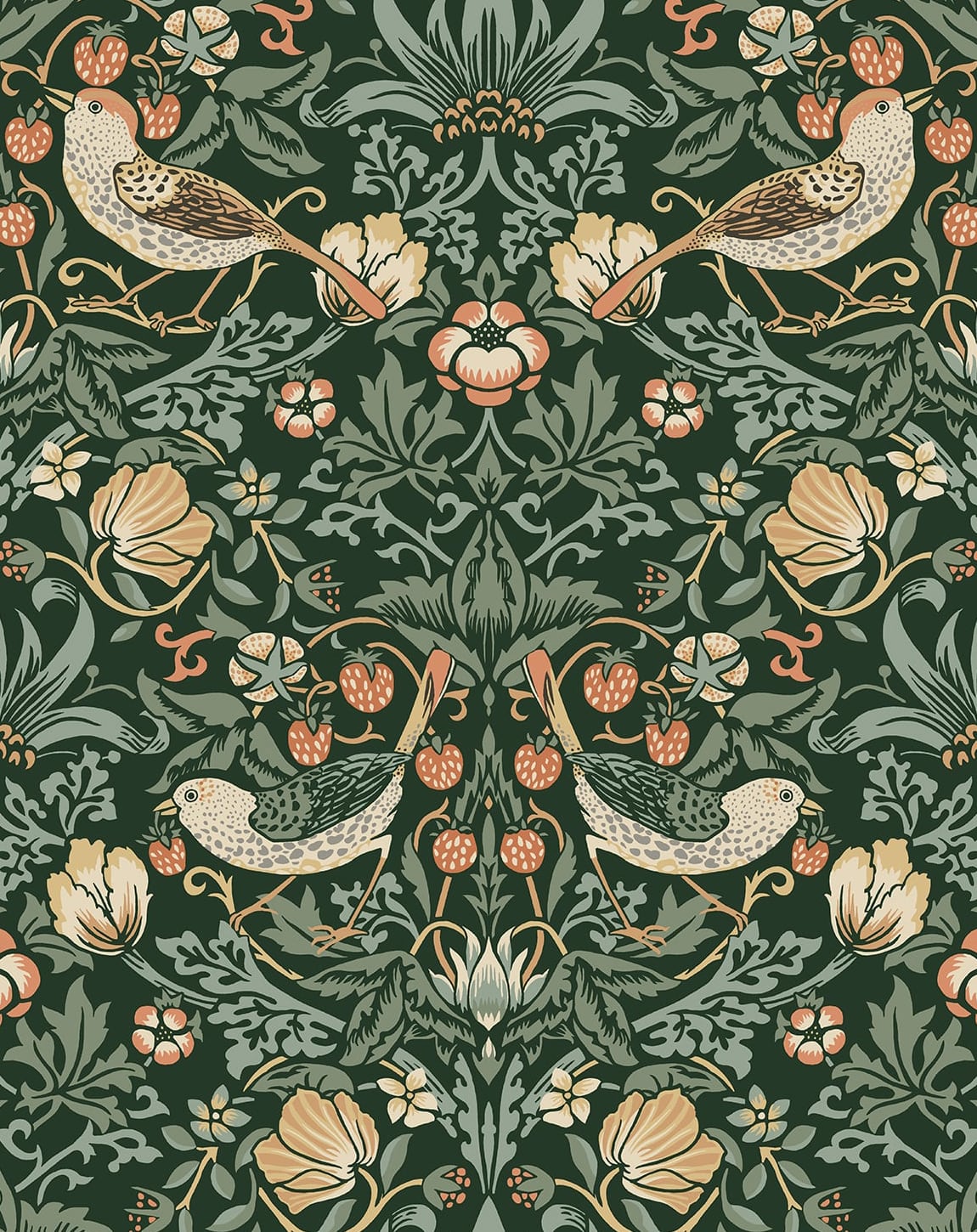 Vintage botanical peel and stick wallpaper with birds, leaves, and strawberries on a dark forest green ground