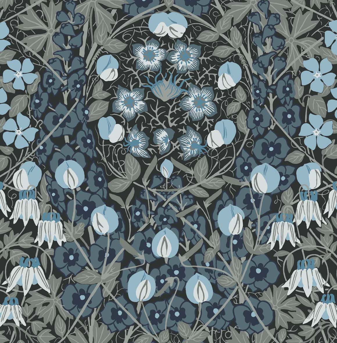 Tulip Garden Bluestone peel and stick vintage floral wallpaper with stylized tulips and vine motifs in blue and grey on a dark ground.