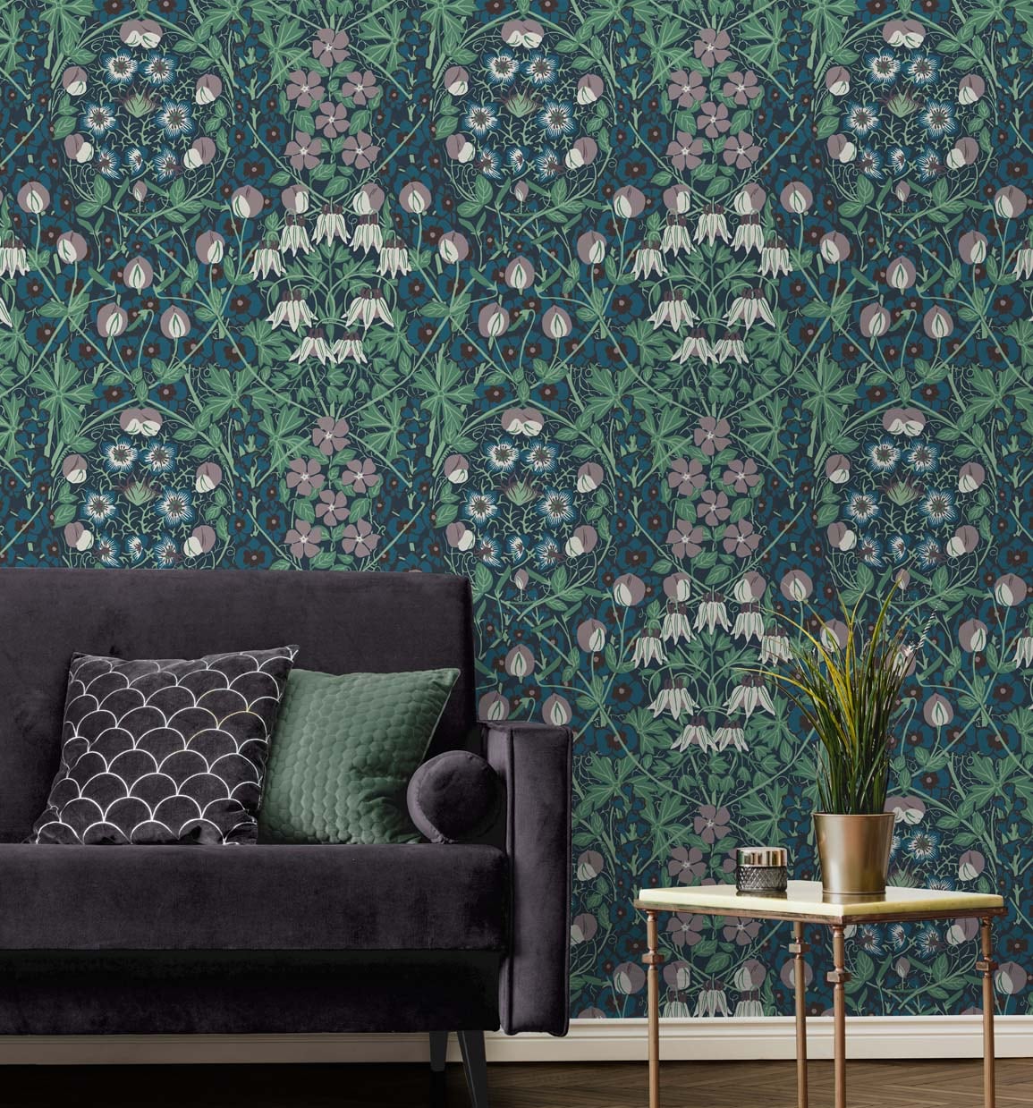 Tulip Garden Deep Ocean & Purple Haze by NextWall Peel & Stick Vintage Floral Wallpaper – NextWall NW43804