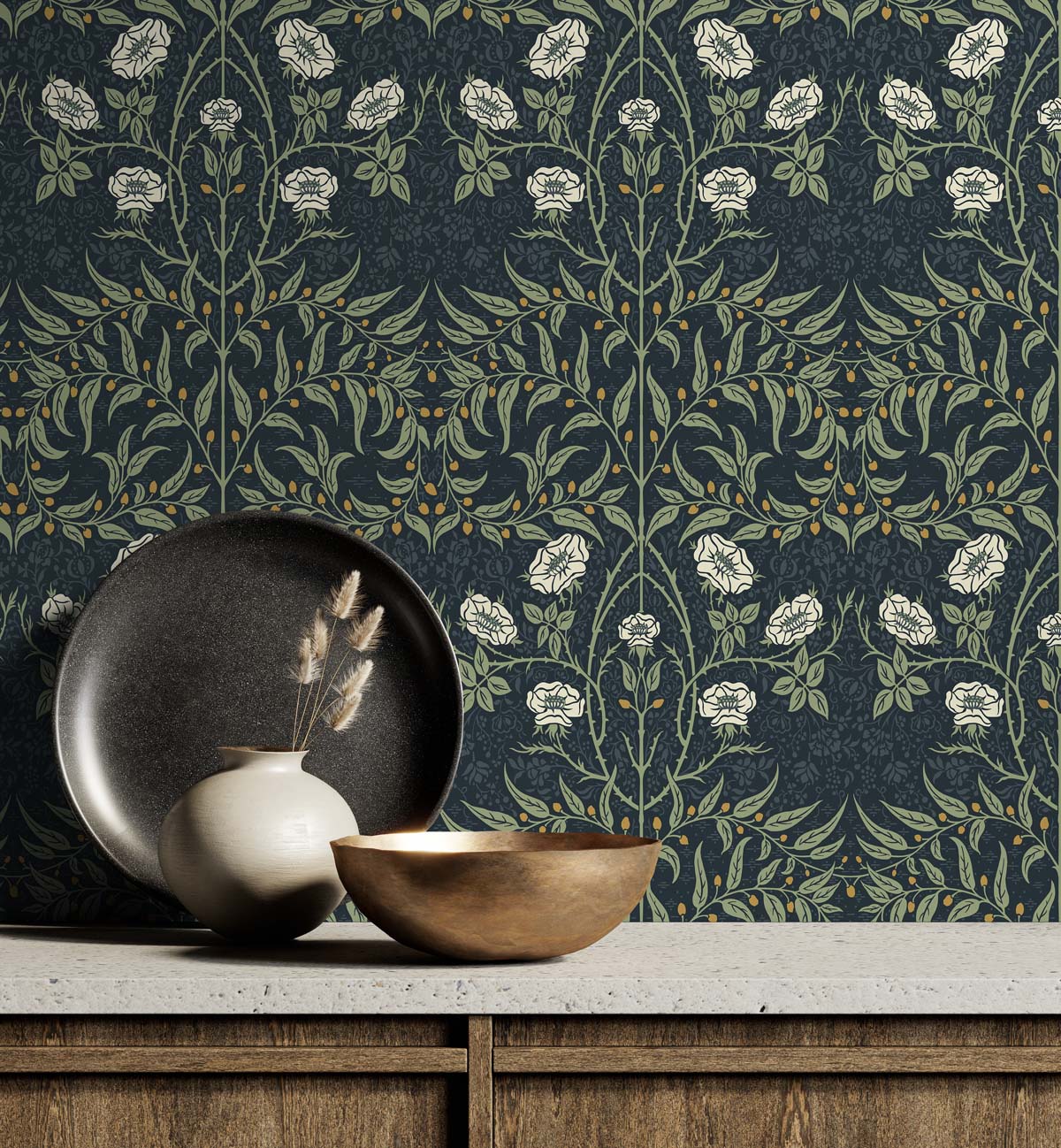 Stenciled Floral Navy & Sage by NextWall Peel & Stick Floral Wallpaper – NextWall NW43902