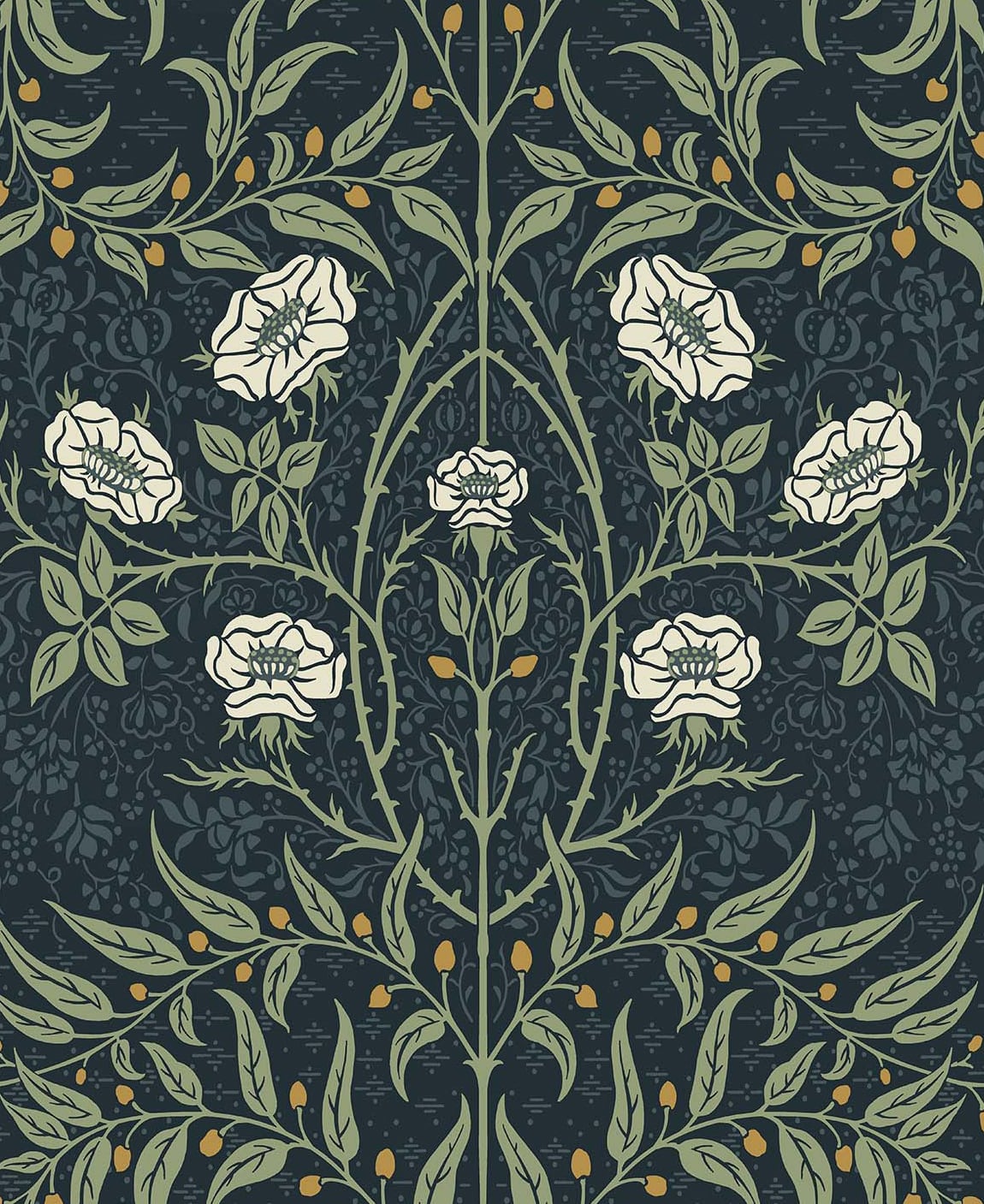 Vintage stenciled floral peel and stick wallpaper in navy and sage with cream flowers