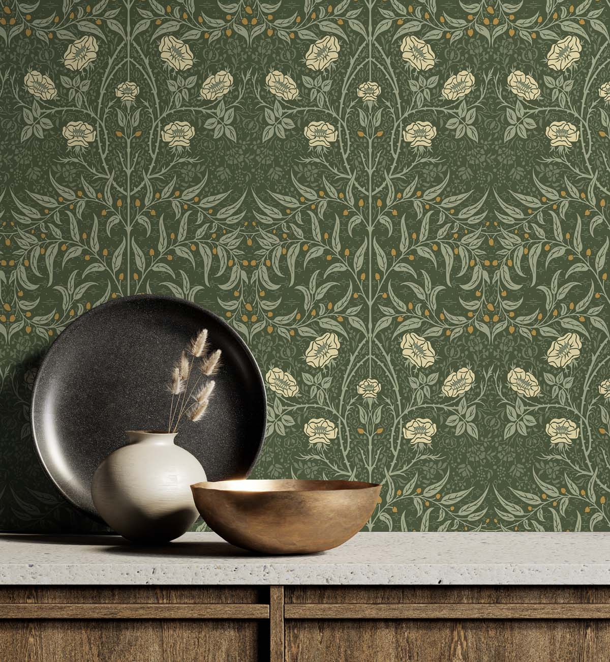 Stenciled Floral Evergreen by NextWall Peel & Stick Vintage Floral Peel & Stick Vinyl Wallpaper – NextWall NW43904
