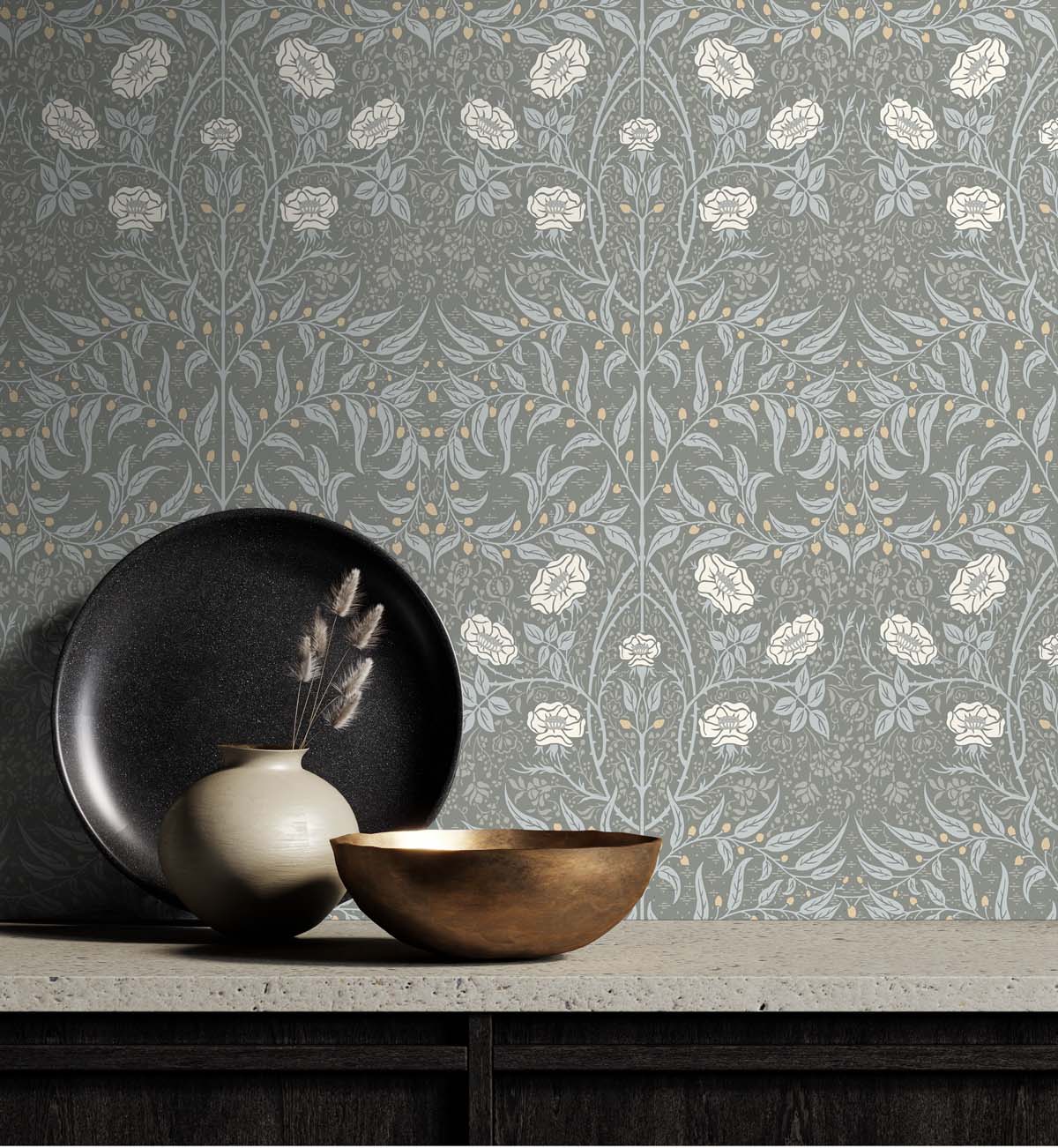 Stenciled Floral Alloy Grey by NextWall Peel & Stick Floral Wallpaper – NextWall NW43908