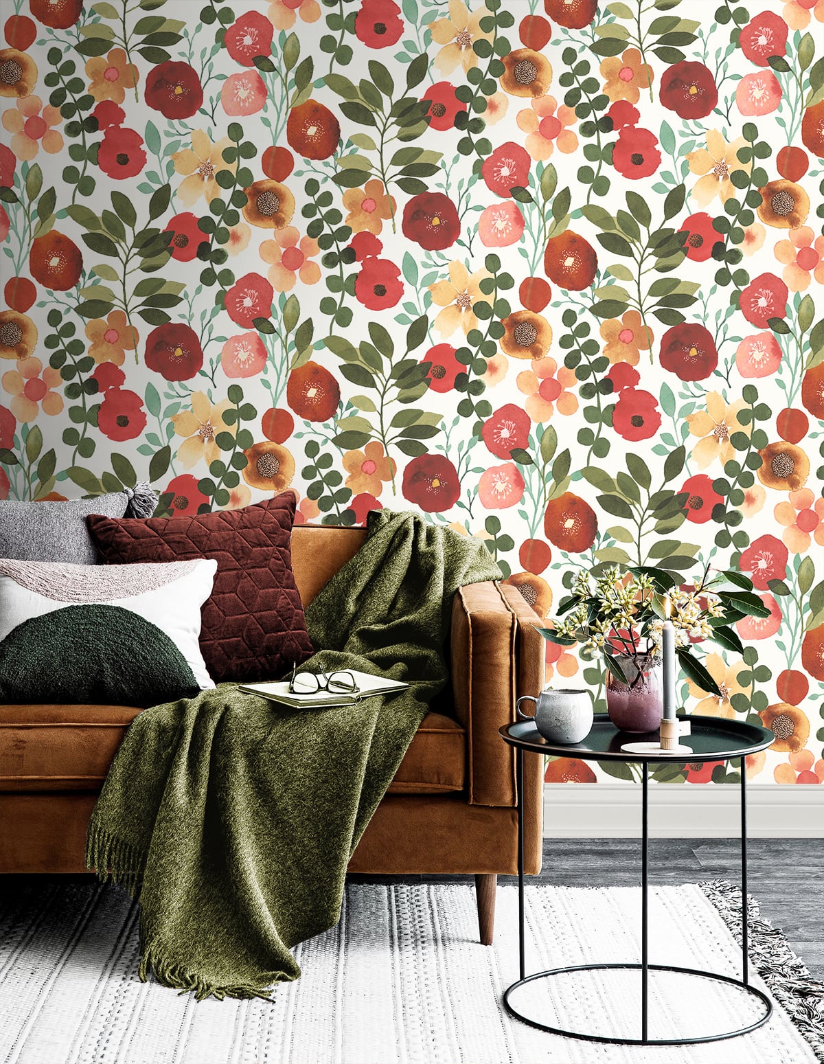 Garden Dance Ruby & Hunter Green by NextWall Peel & Stick Floral Wallpaper – NextWall NW44001