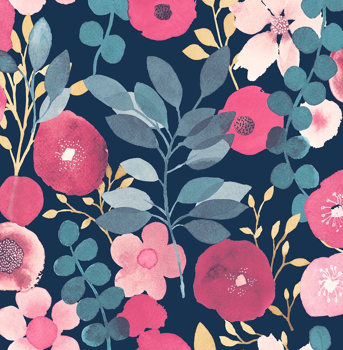 Garden Dance navy and magenta watercolor floral peel and stick wallpaper pattern