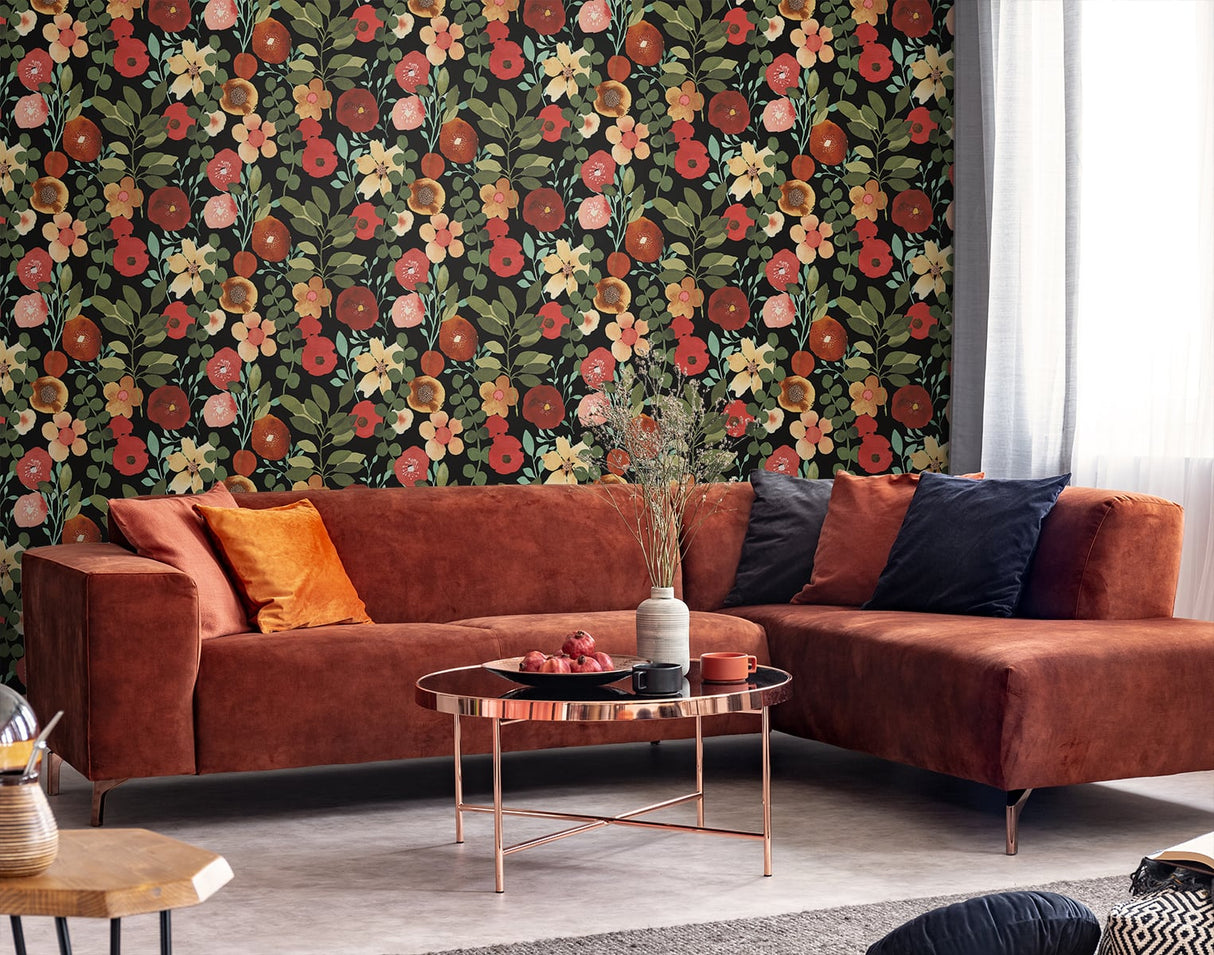 Garden Dance Jet Black & Ruby by NextWall Peel & Stick Floral Wallpaper – NextWall NW44005