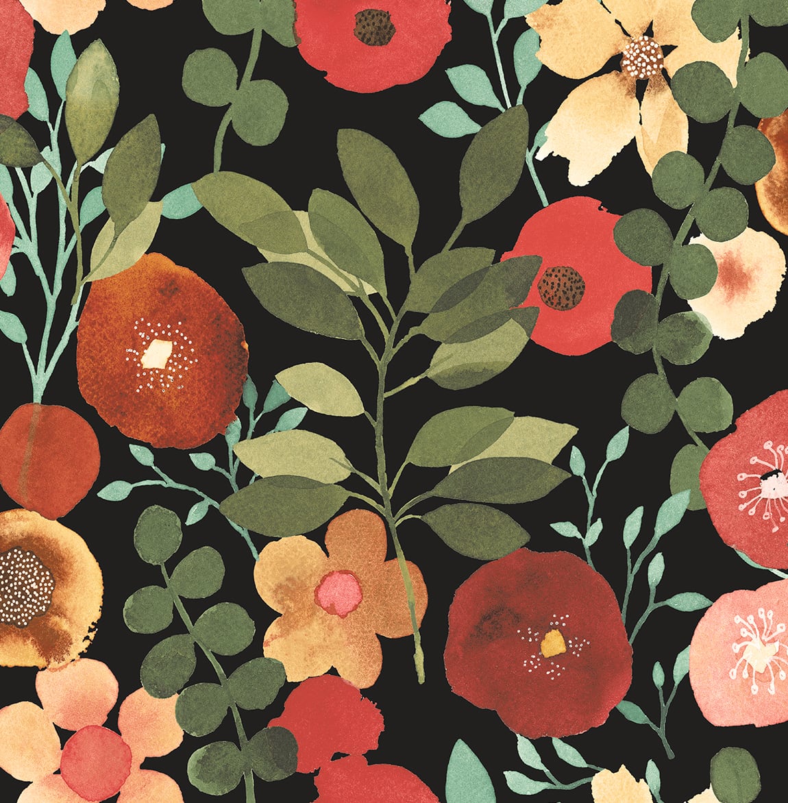 Garden Dance peel and stick wallpaper with colorful floral pattern on a jet black background