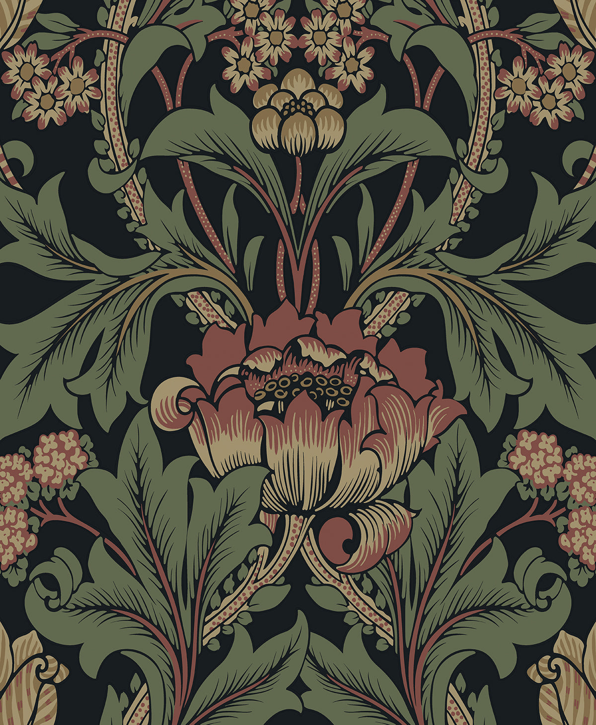 Primrose Floral peel and stick wallpaper in denim blue and auburn vintage floral pattern
