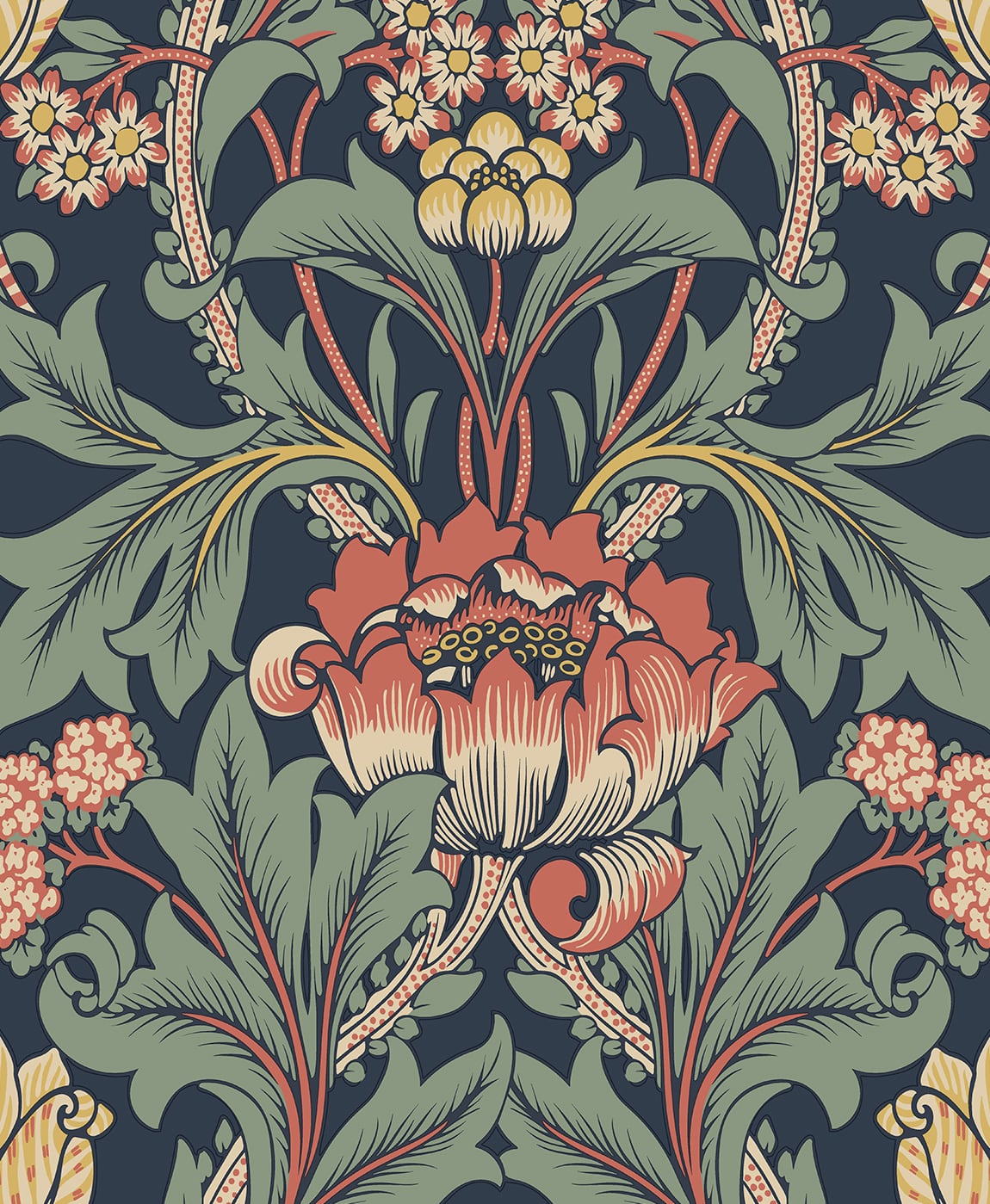 Primrose Floral peel and stick wallpaper in denim blue and auburn with a vintage floral motif.