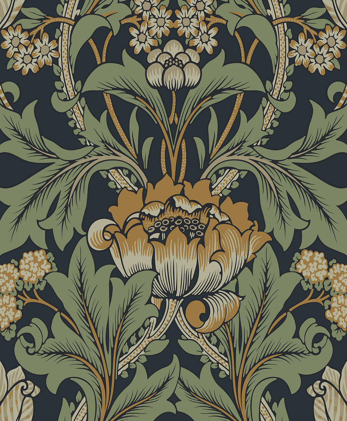 Primrose Floral peel and stick wallpaper in midnight blue with goldenrod and sage botanical flowers