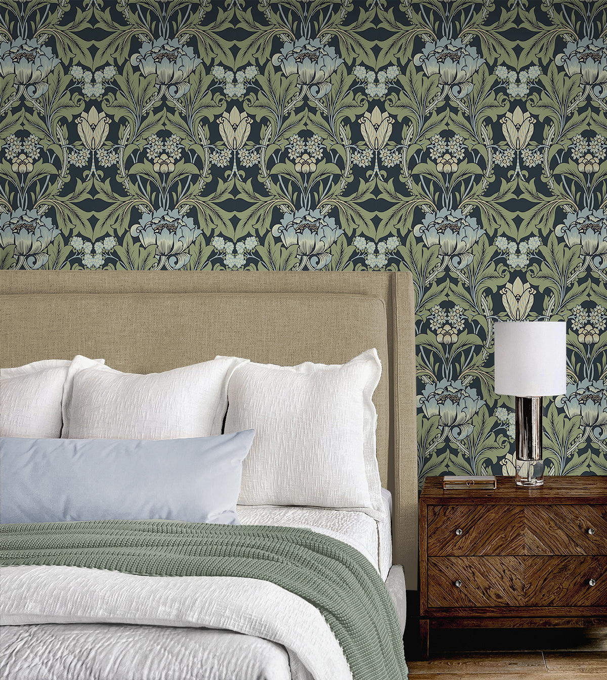 Primrose Floral Midnight Blue & Sage by NextWall Peel & Stick Floral Wallpaper – NextWall NW44412