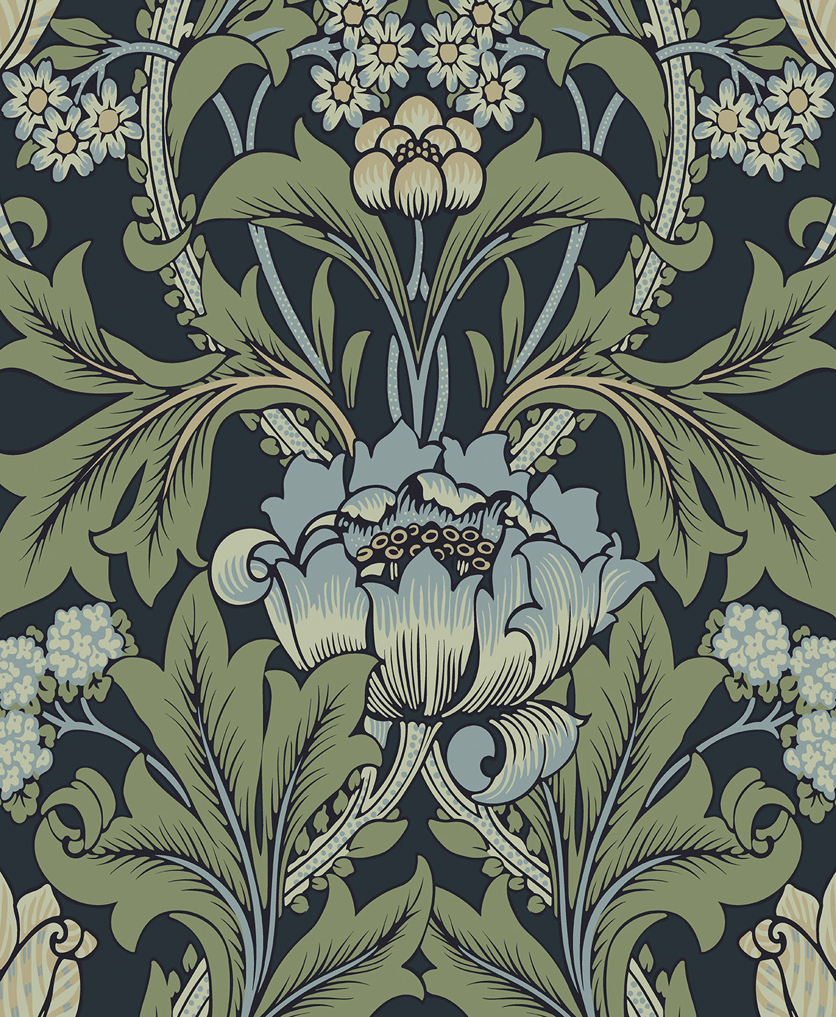 Vintage primrose floral peel and stick wallpaper in midnight blue and sage with a matte finish.