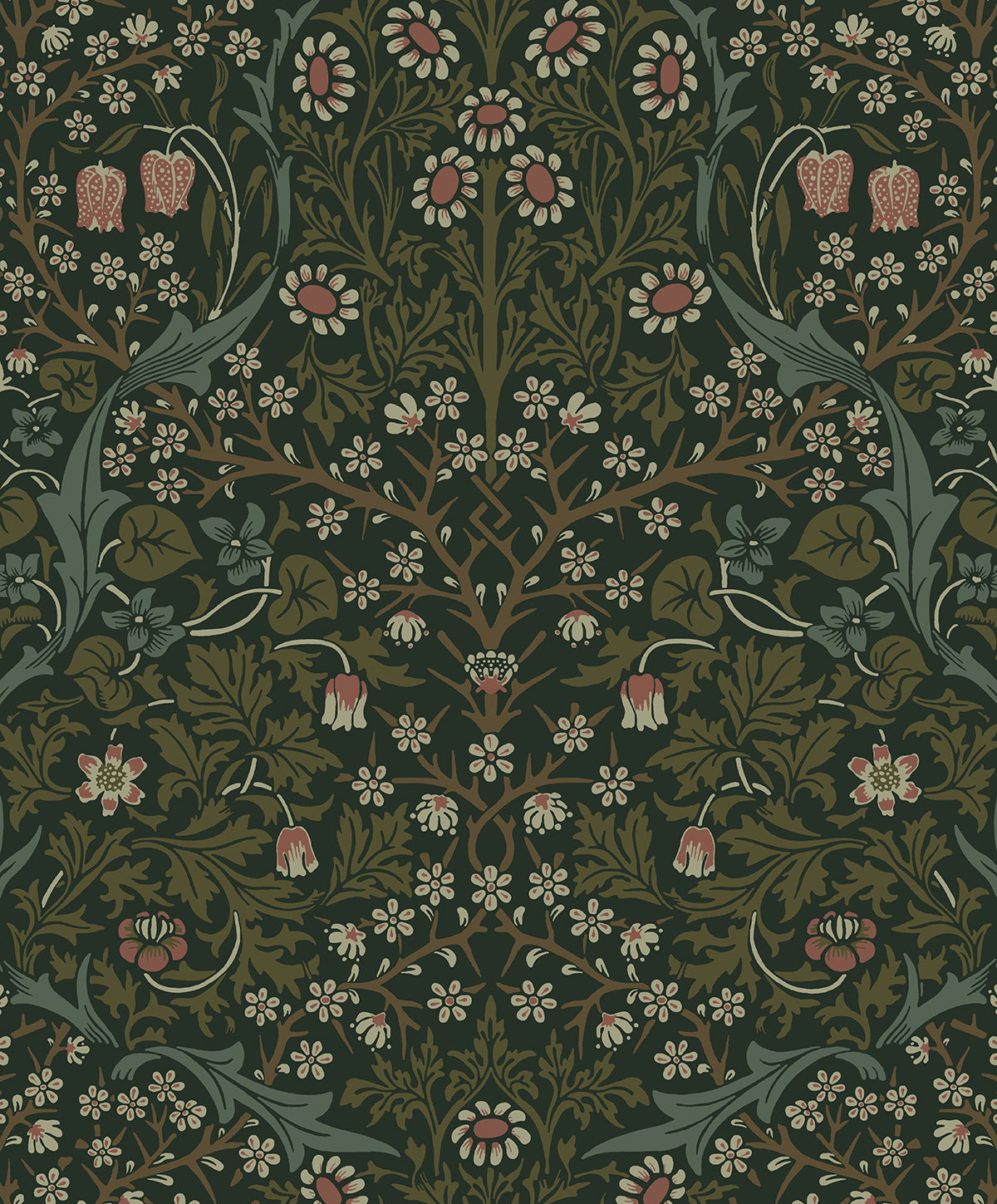 Victorian Garden peel and stick wallpaper in deep green with vintage floral and scrolling leaf motifs