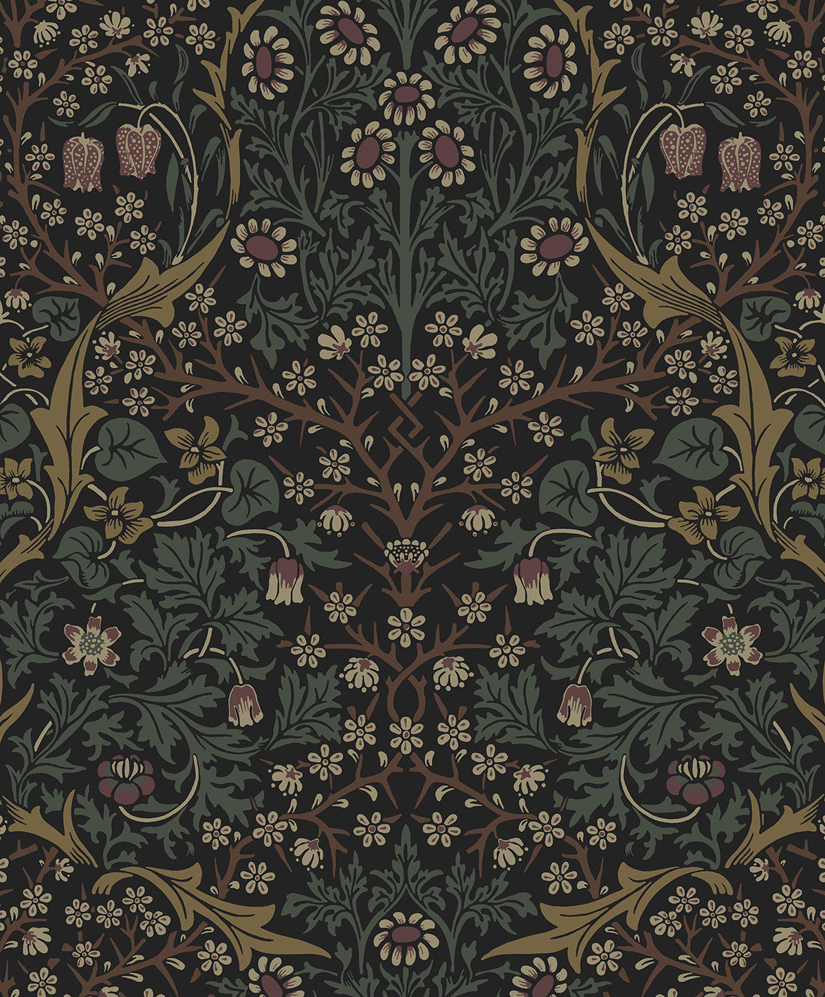 Victorian Garden “Blacksmith & Cliffside” vintage floral peel and stick wallpaper pattern in deep green, brown, and black tones.