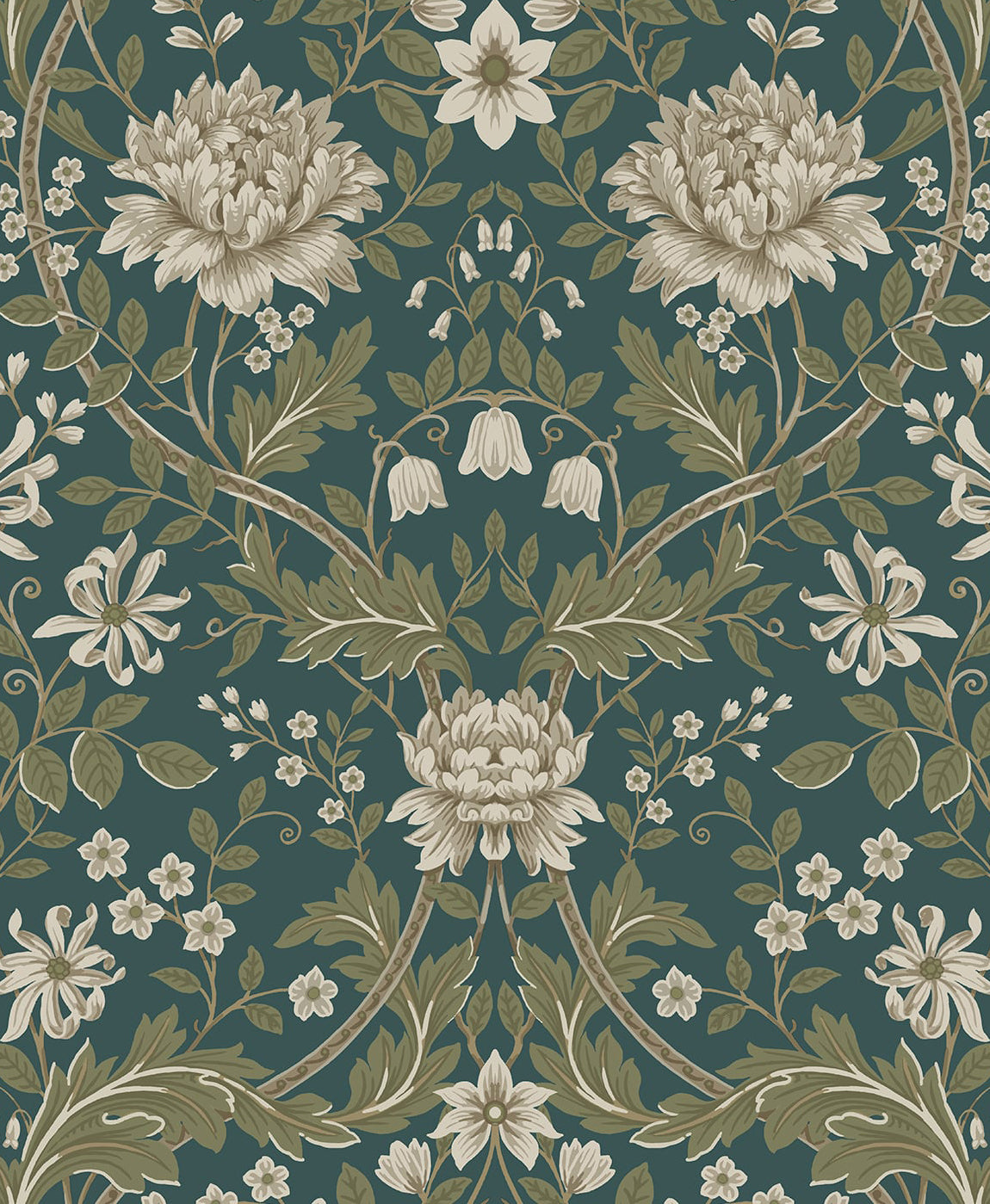 Honeysuckle Trail peel and stick wallpaper in teal with moss green vines and cream floral trail pattern