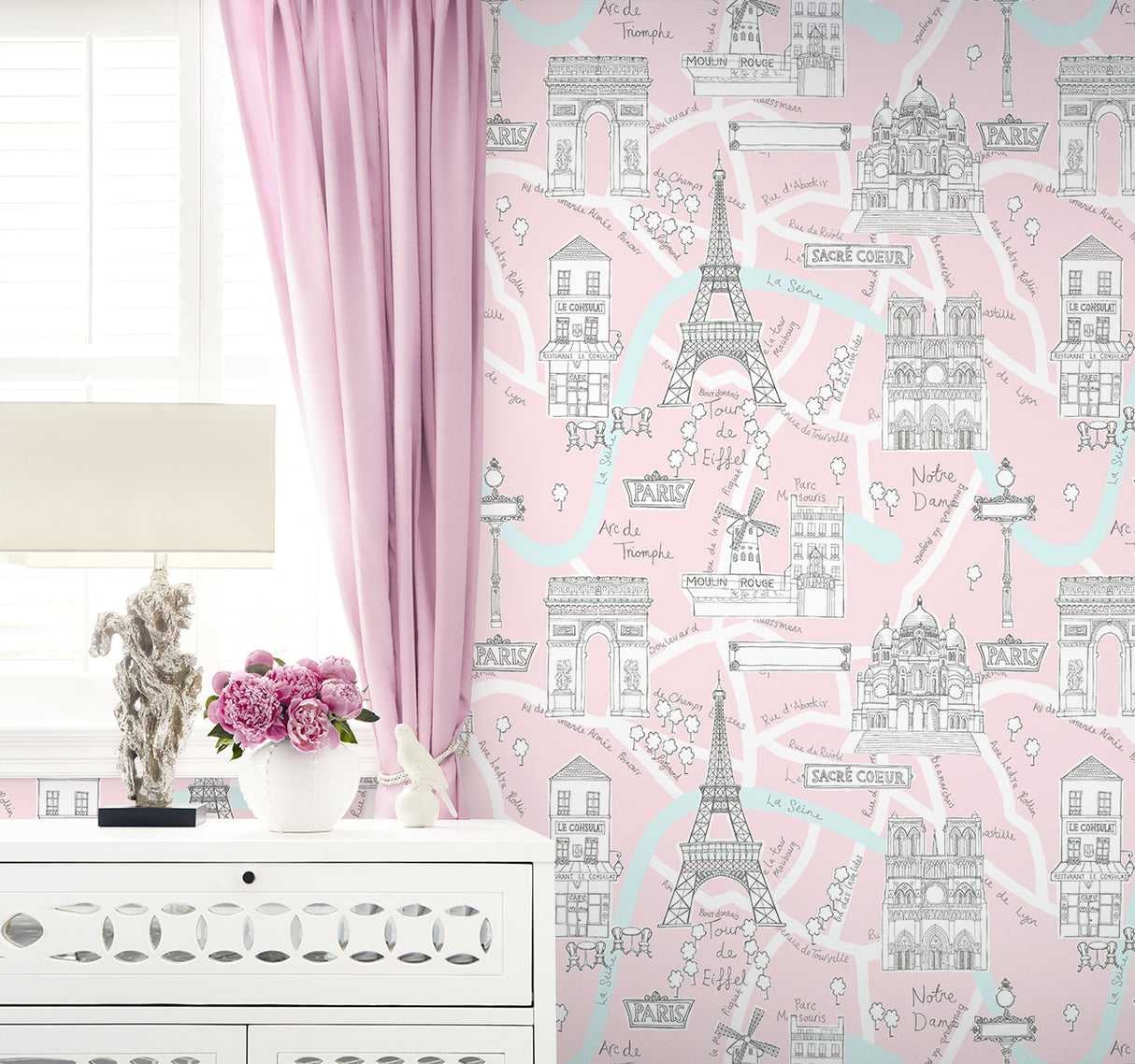 Paris Scene Pale Pink by NextWall Peel & Stick Paris Landmark Peel & Stick Wallpaper – NextWall NW44801