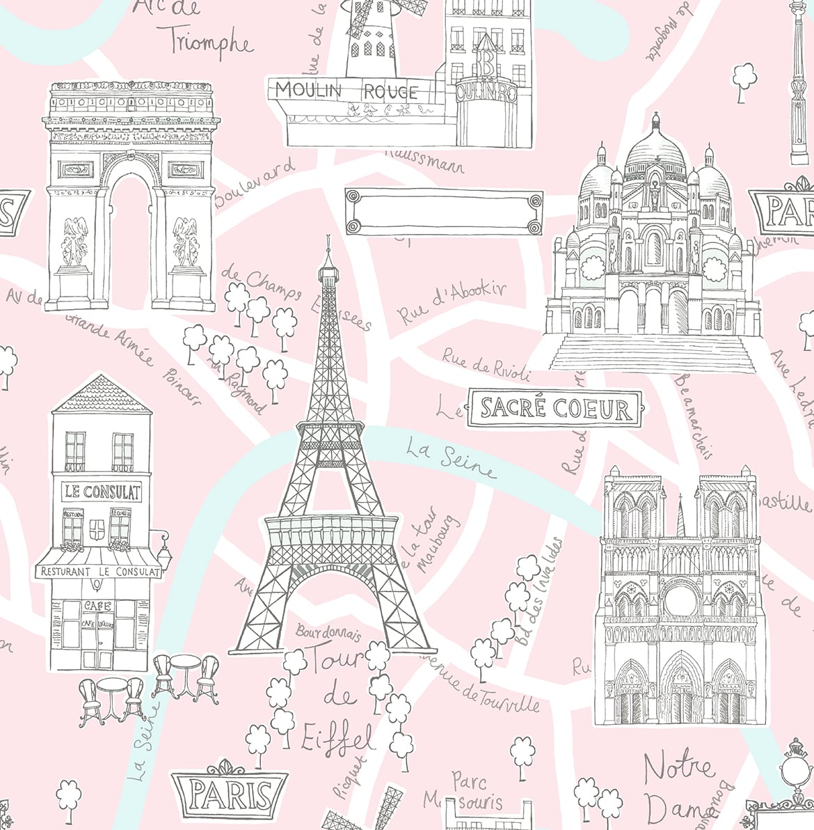 Pale pink illustrated Paris landmarks peel and stick wallpaper with Eiffel Tower, Arc de Triomphe and Sacre Coeur
