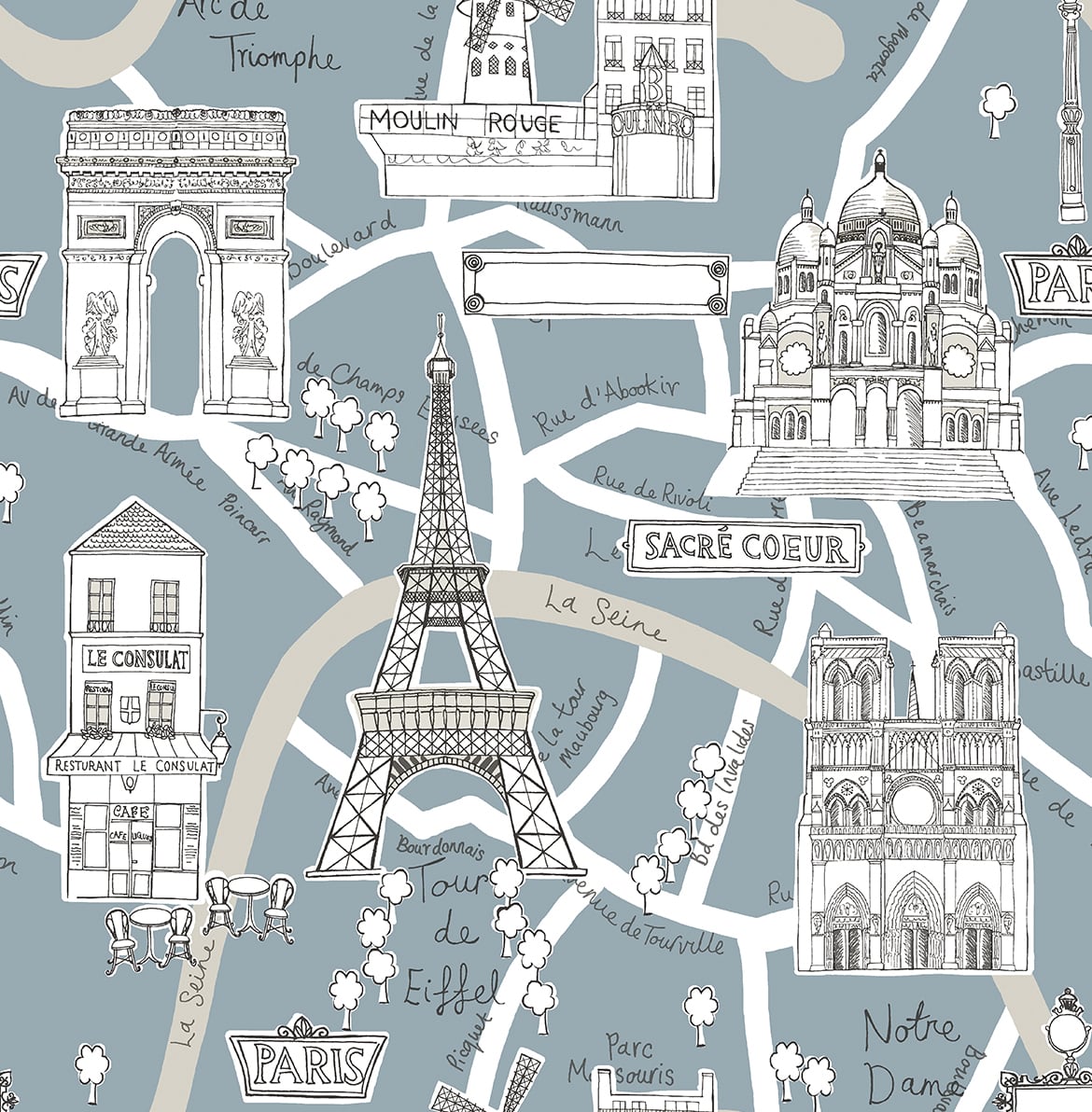 Paris Scene peel and stick wallpaper in smokey blue featuring illustrated Paris landmarks and map streets.