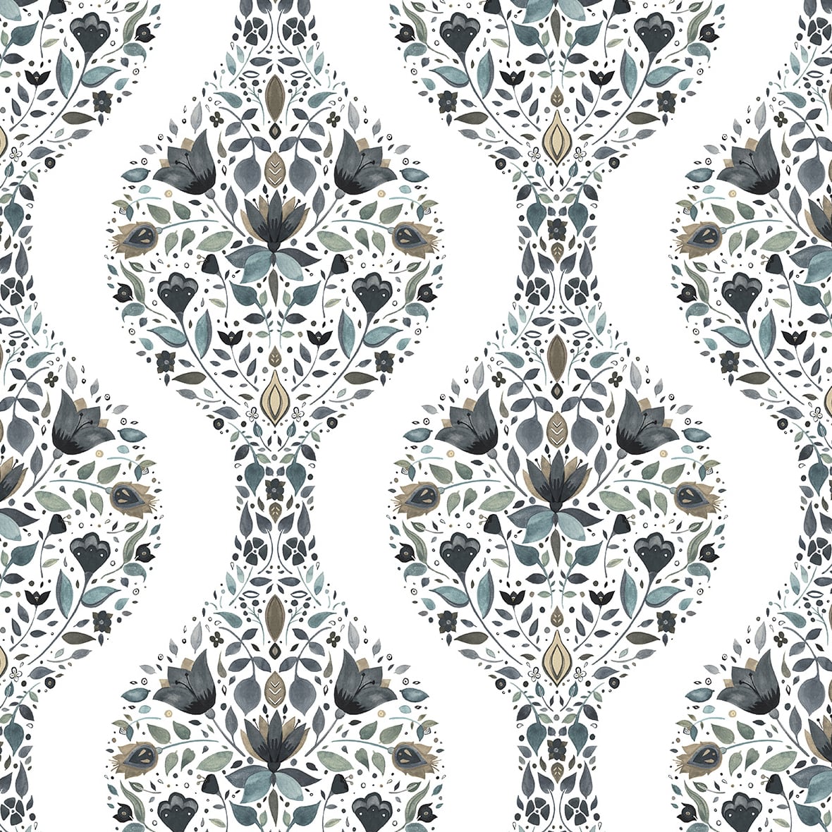 Floral Ogee peel and stick wallpaper pattern in steel grey and rustic taupe on a light ground