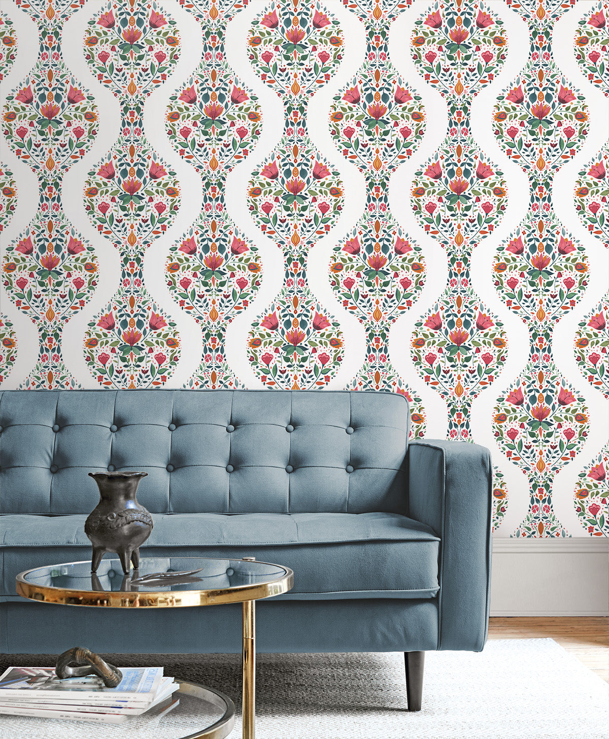 Floral Ogee Rose Pink & Spruce by NextWall Peel & Stick Peel & Stick Wallpaper – NextWall NW45001