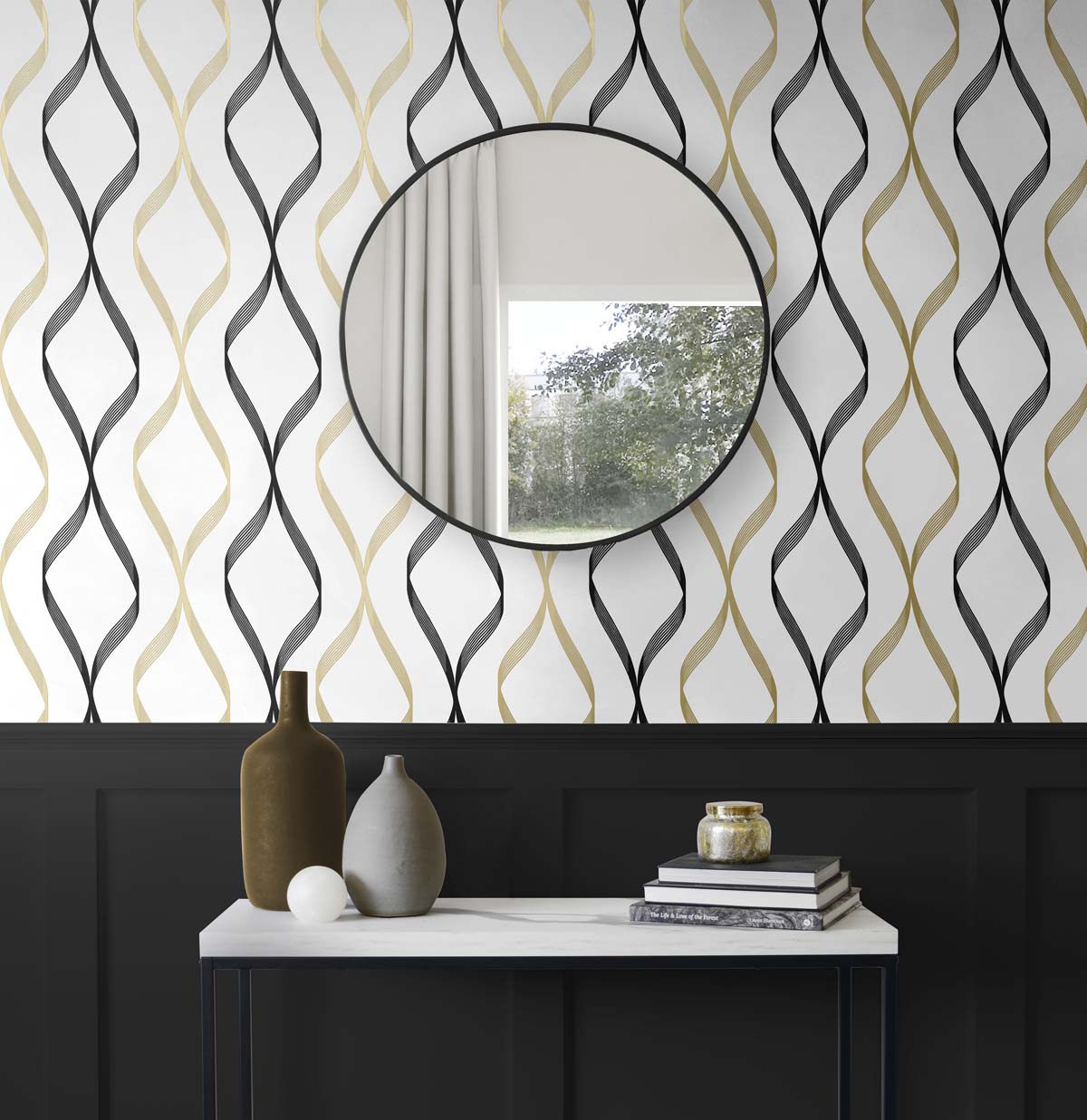 Ogee Ribbon Metallic Gold & Ebony by NextWall Peel & Stick Geometric Ogee Peel & Stick Wallpaper – NextWall NW45100