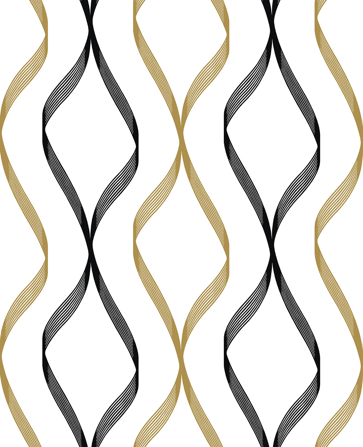 Ogee Ribbon peel and stick wallpaper in metallic gold and ebony with a modern geometric ogee ribbon pattern.