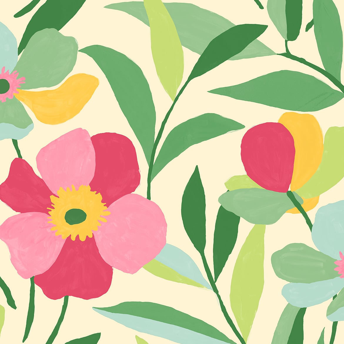 Garden Block Floral peel and stick wallpaper pattern in pink and kelly green